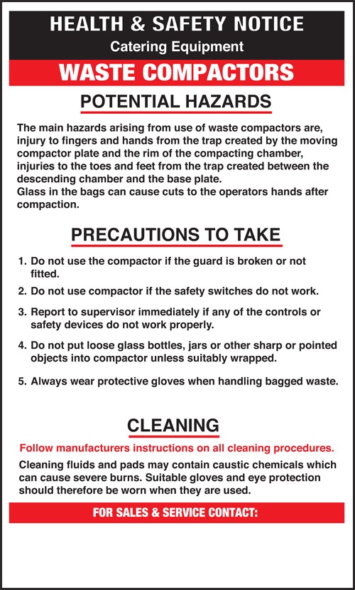 Waste compactors safety notice: Self Adhesive Vinyl Notice - Mileta Signage