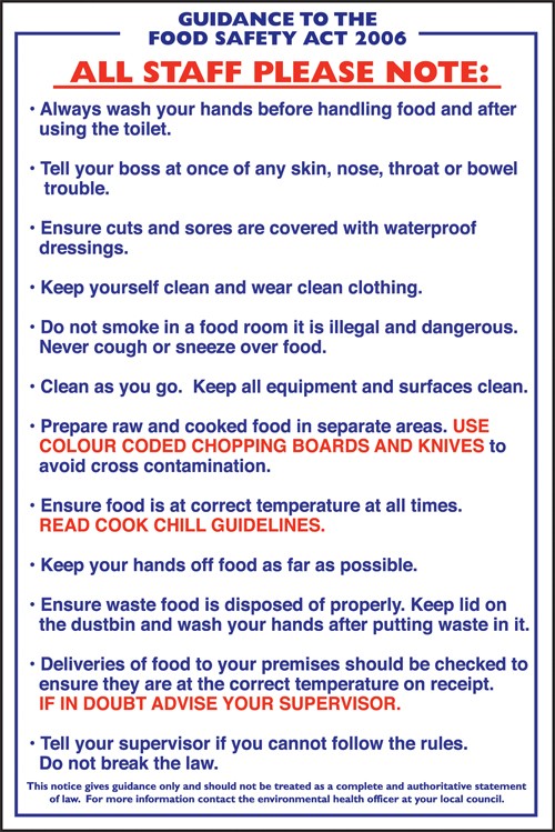 Guidance to food safety act: Self Adhesive Vinyl Notice - Mileta Signage