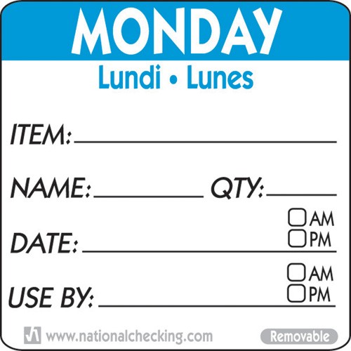 Removable Tri-Lingual Labels - : Monday (Item /date/use by) Labels - 500 per roll - Mileta Labels