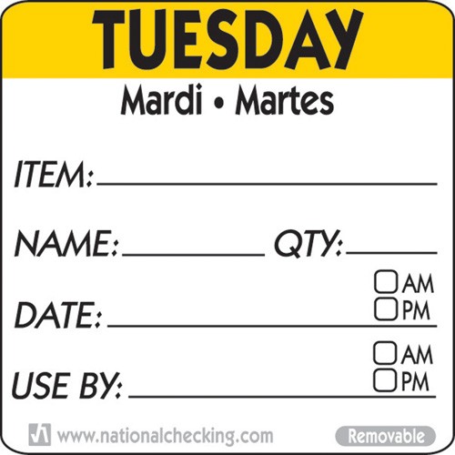 Removable Tri-Lingual Labels - : Tuesday (Item/date/use by) Labels - 500 per roll - Mileta Labels