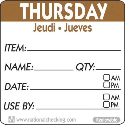 Removable Tri-Lingual Labels - : Thursday (Item/date/use by) Labels - 500 per roll - Mileta Labels