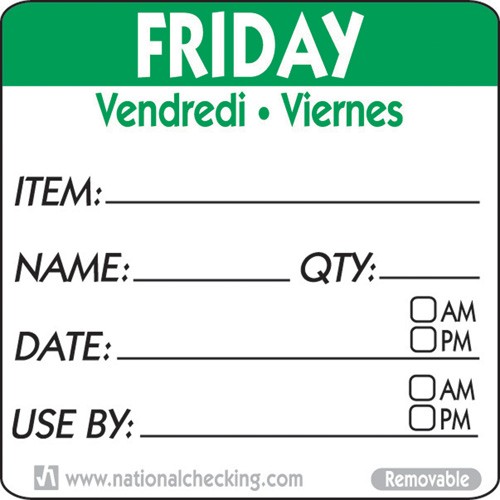 Removable Tri-Lingual Labels - : Friday (Item /date/use by) Labels - 500 per roll - Mileta Labels