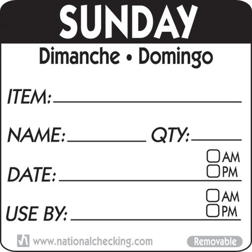 Removable Tri-Lingual Labels - : Sunday (Item/date/use by) Labels - 500 per roll - Mileta Labels