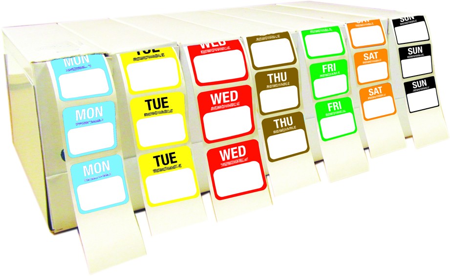 25mm permanent 7 day labels with dispenser. - Mileta Dispensers