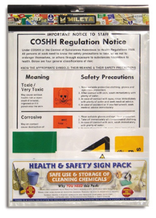 Cleaning chemical storage/use safety sign pack. (12 notices) - Mileta Signage