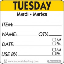 Removable Tri-Lingual Labels - : Tuesday (Item/date/use by) Labels - 500 per roll