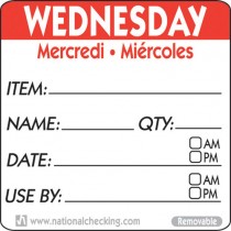 Removable Tri-Lingual Labels - : Wednesday (Item/date/use by) Labels - 500per roll