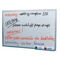 Dry wipe board/satin silver frame with pen tray.