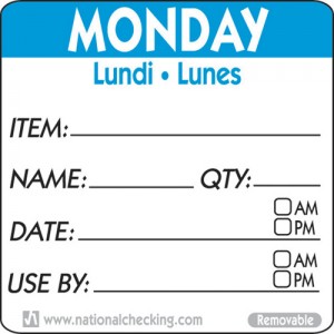 Removable Tri-Lingual Labels - : Monday (Item /date/use by) Labels - 500 per roll