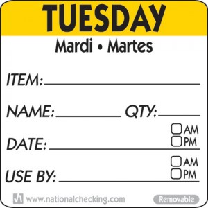 Removable Tri-Lingual Labels - : Tuesday (Item/date/use by) Labels - 500 per roll