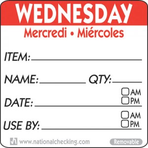 Removable Tri-Lingual Labels - : Wednesday (Item/date/use by) Labels - 500per roll
