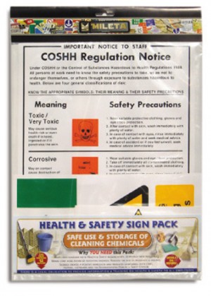 Cleaning chemical storage/use safety sign pack. (12 notices)