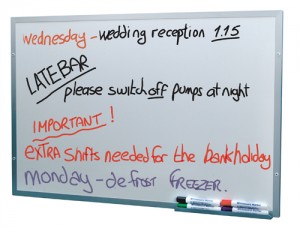 Dry wipe board/satin silver frame with pen tray.